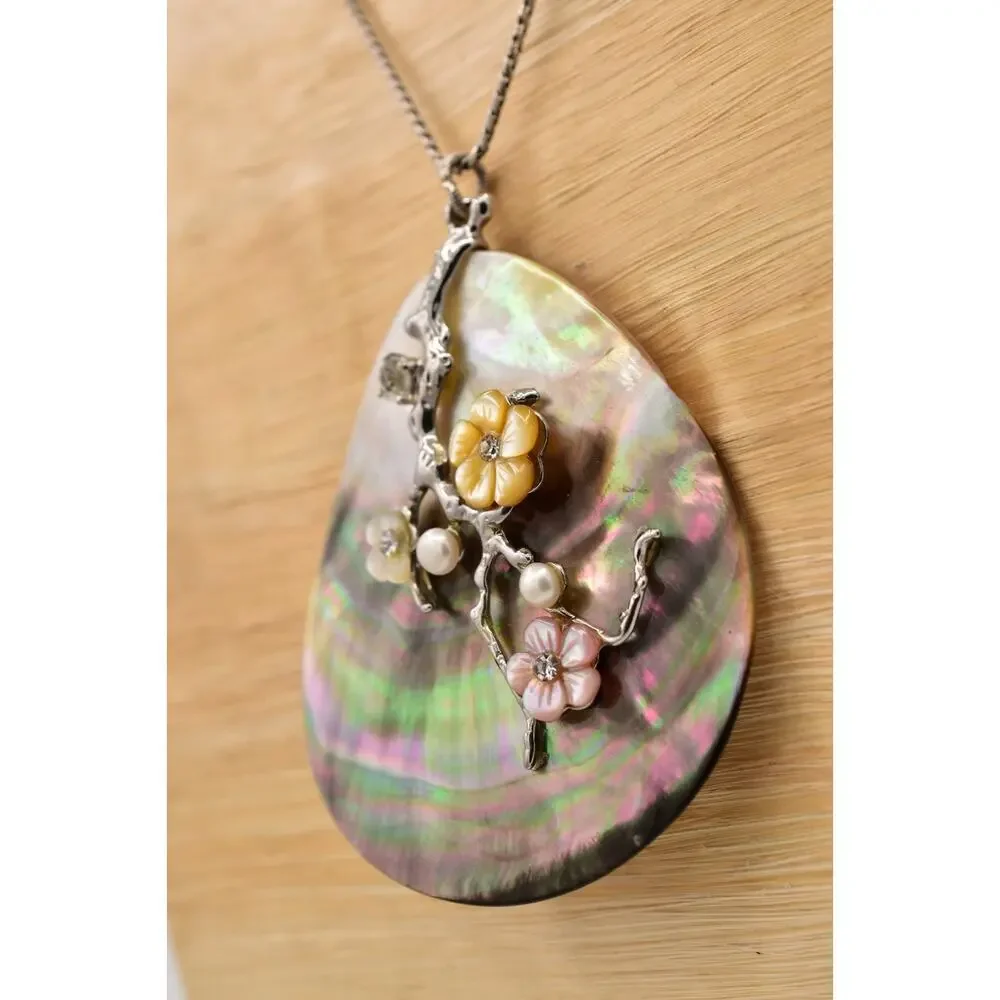 Vintage Abalone Shell Pendant on Brighton Chain Floral Mother Pearl AS IS BinBD